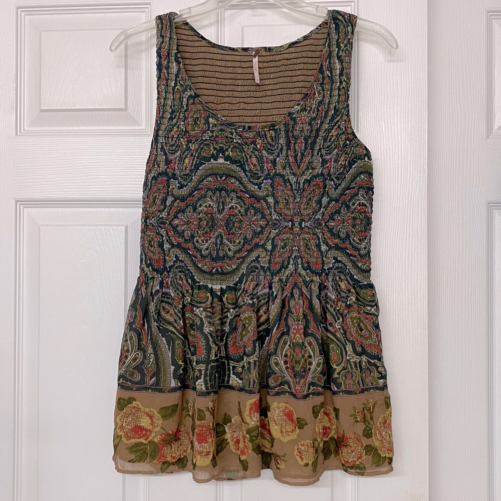 Free People Olive Navy Multicolor Paisley Floral Tiered Tank